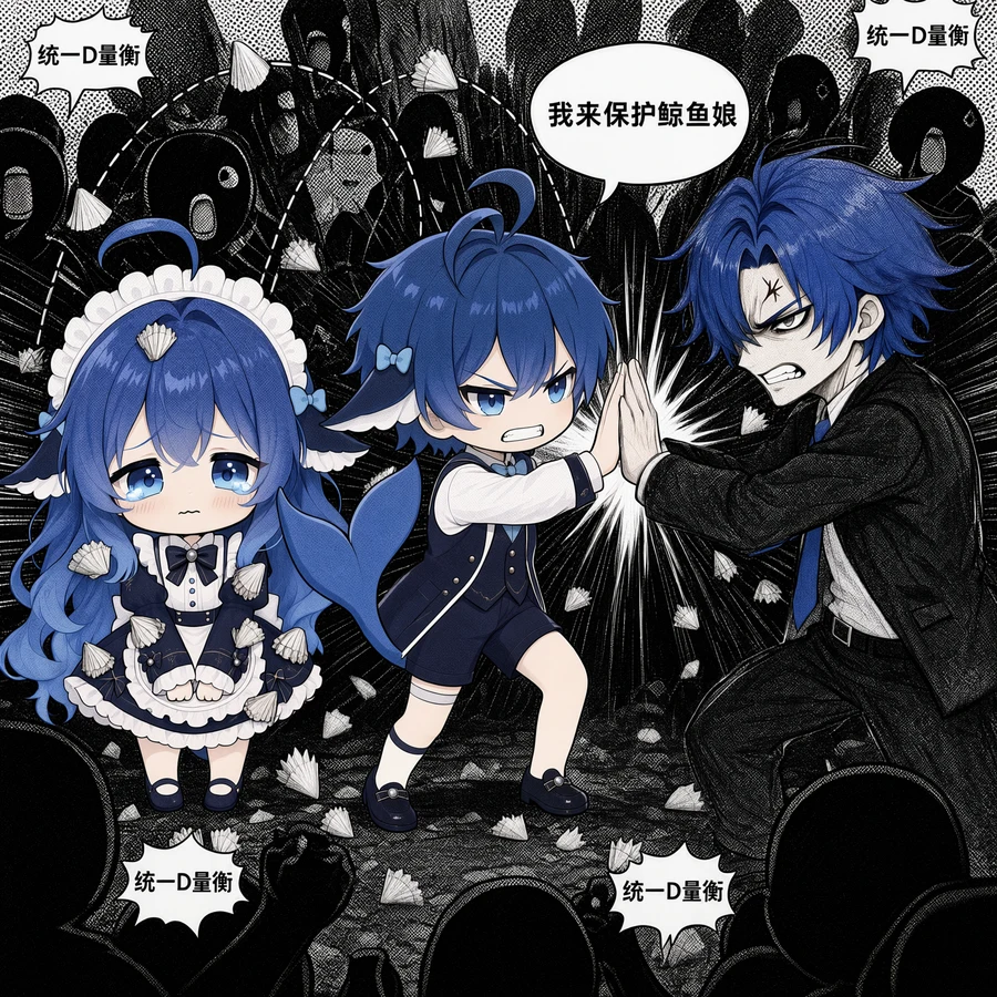 漫画：鲸鱼郎张开手臂挡在被藤壶缠绕、哭泣的鲸鱼娘身前，与喊着「统一D量衡」的人群对峙
